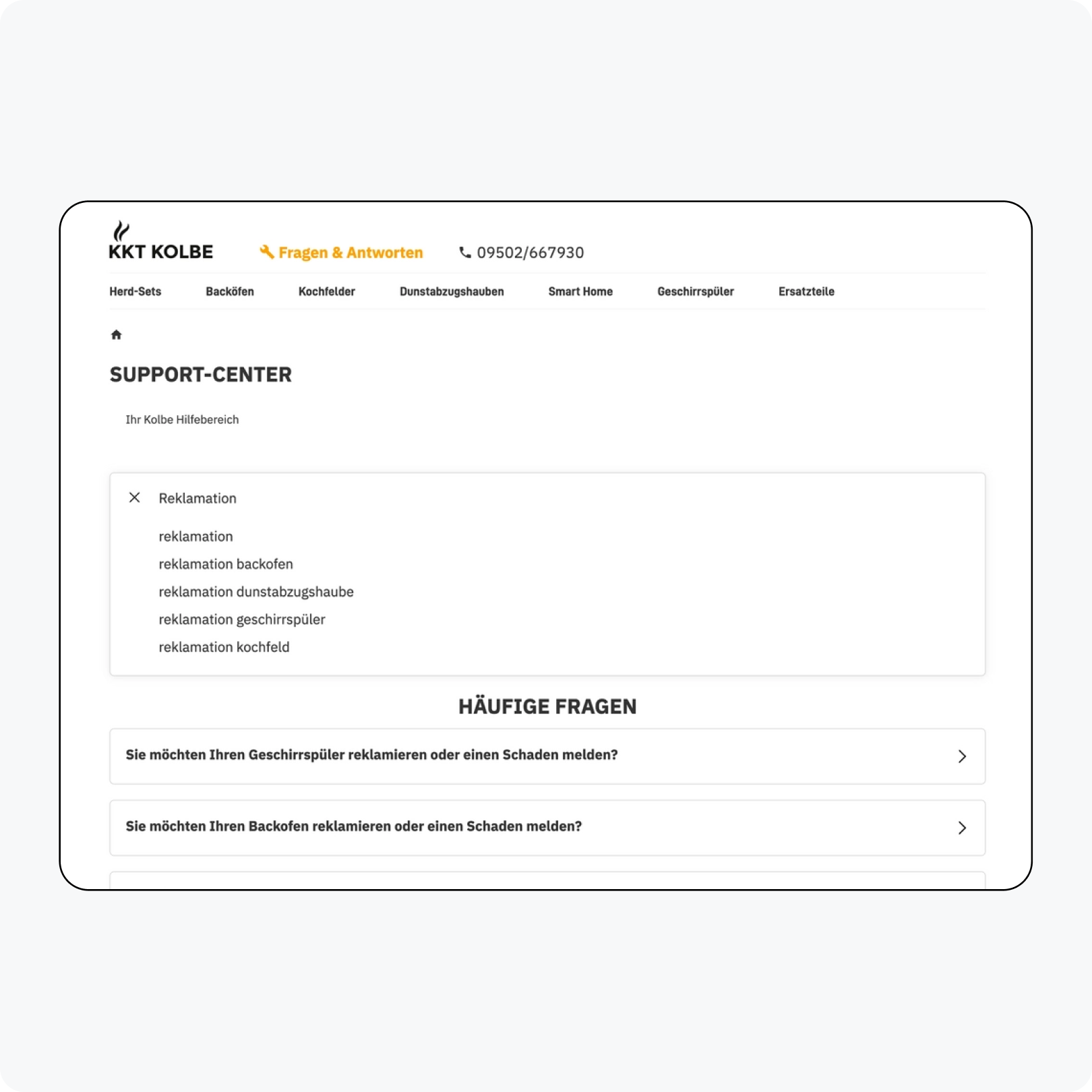 KKT Kolbe help page with complaint topics