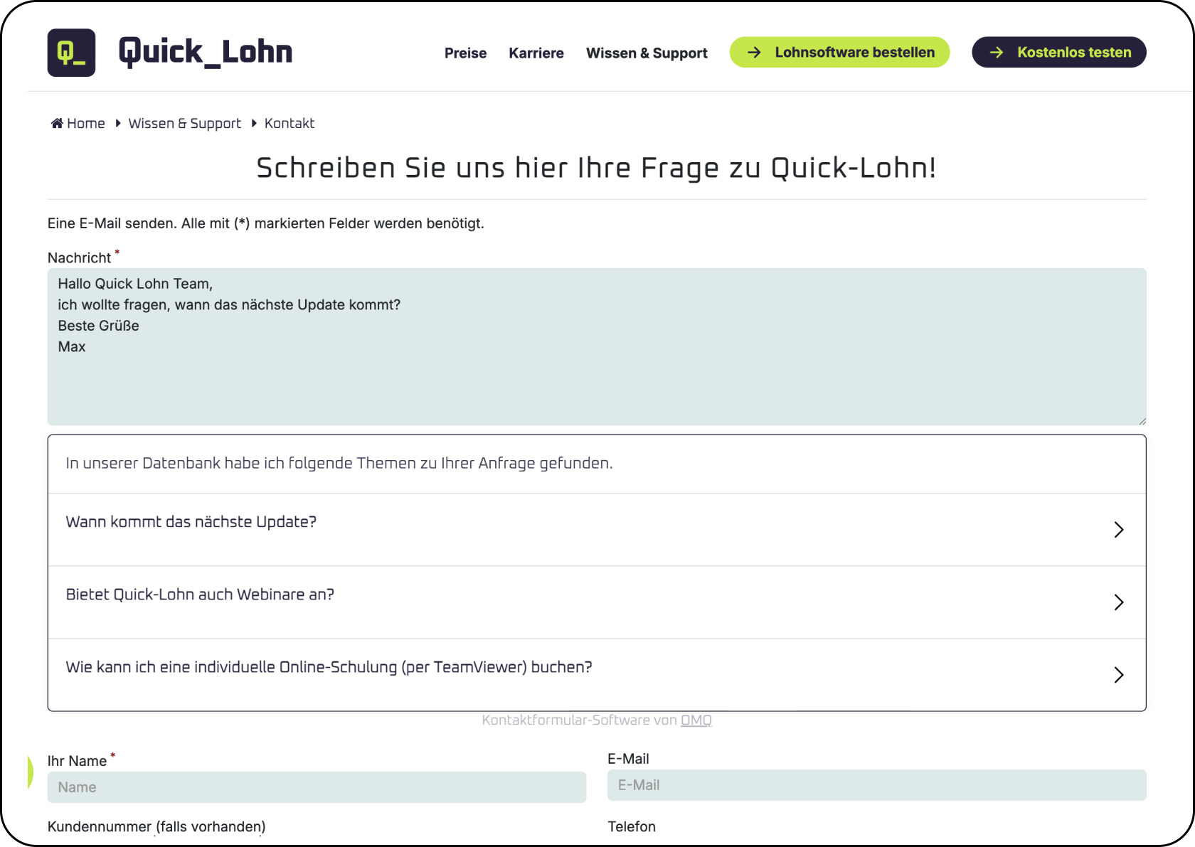 OMQ Contact im Einsatz bei Quicklohn
