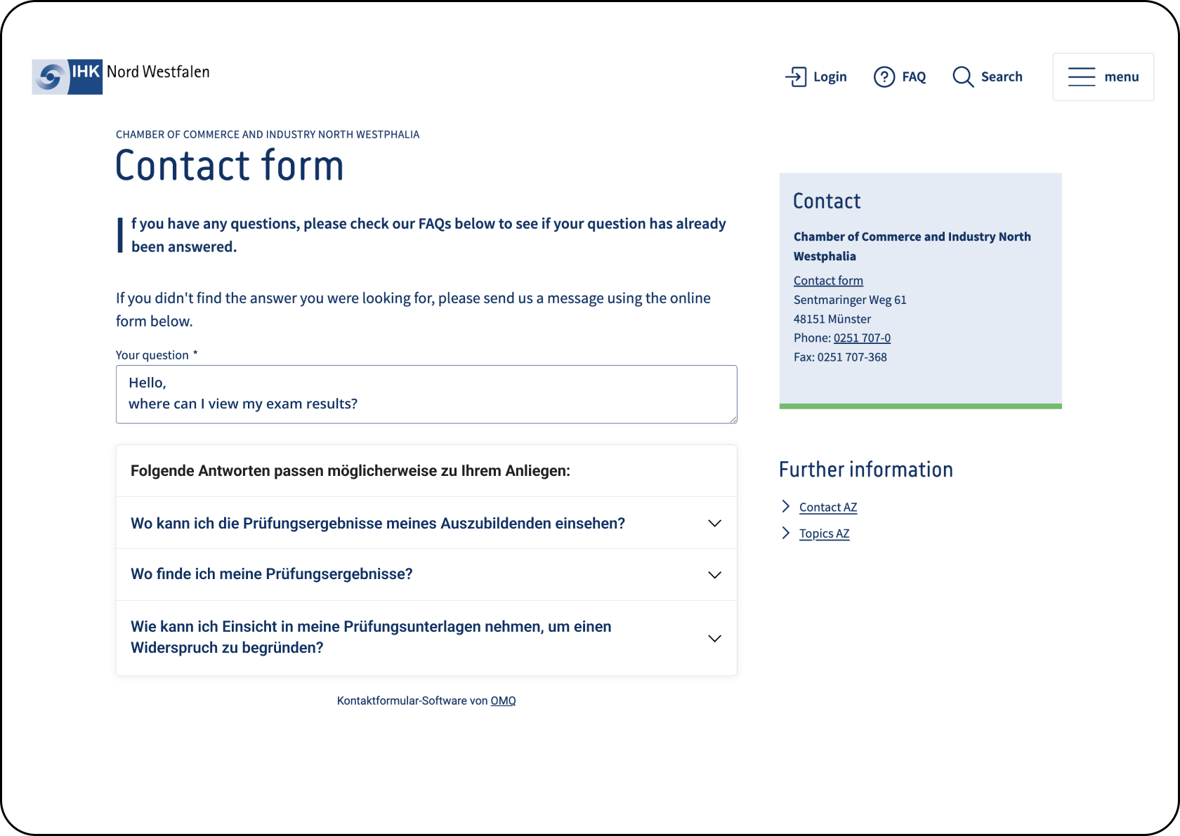 OMQ Contact in use at IHK Nordwestfalen