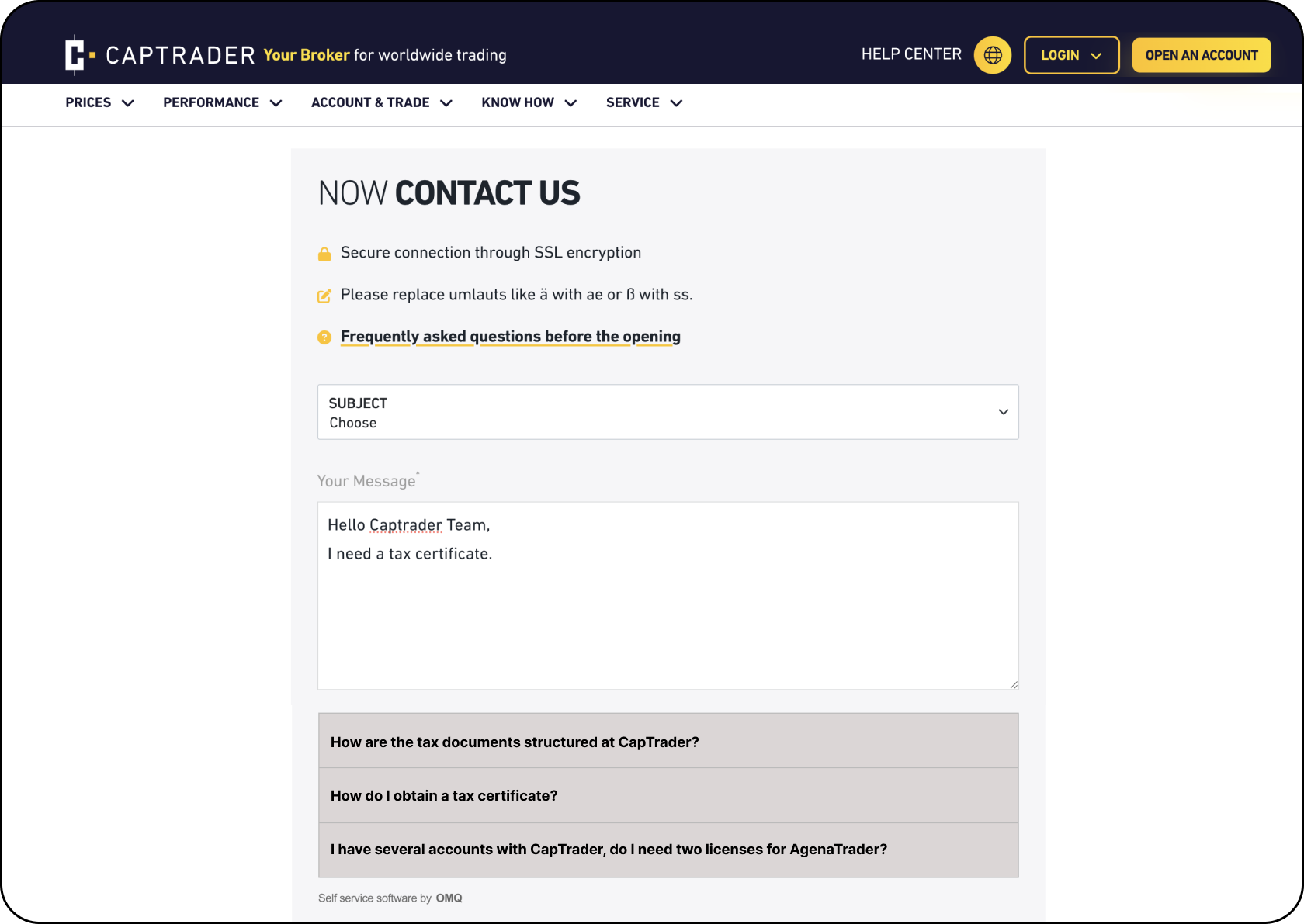 OMQ Contact in use at CapTrader