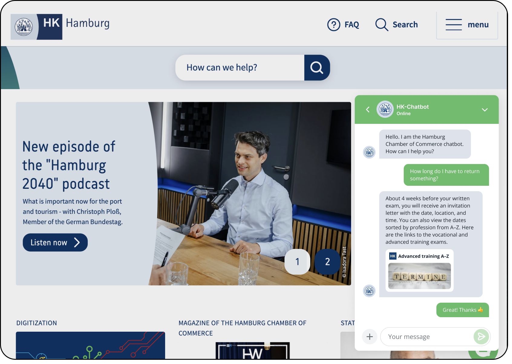 OMQ Chatbot in use at Hamburg Chamber of Commerce