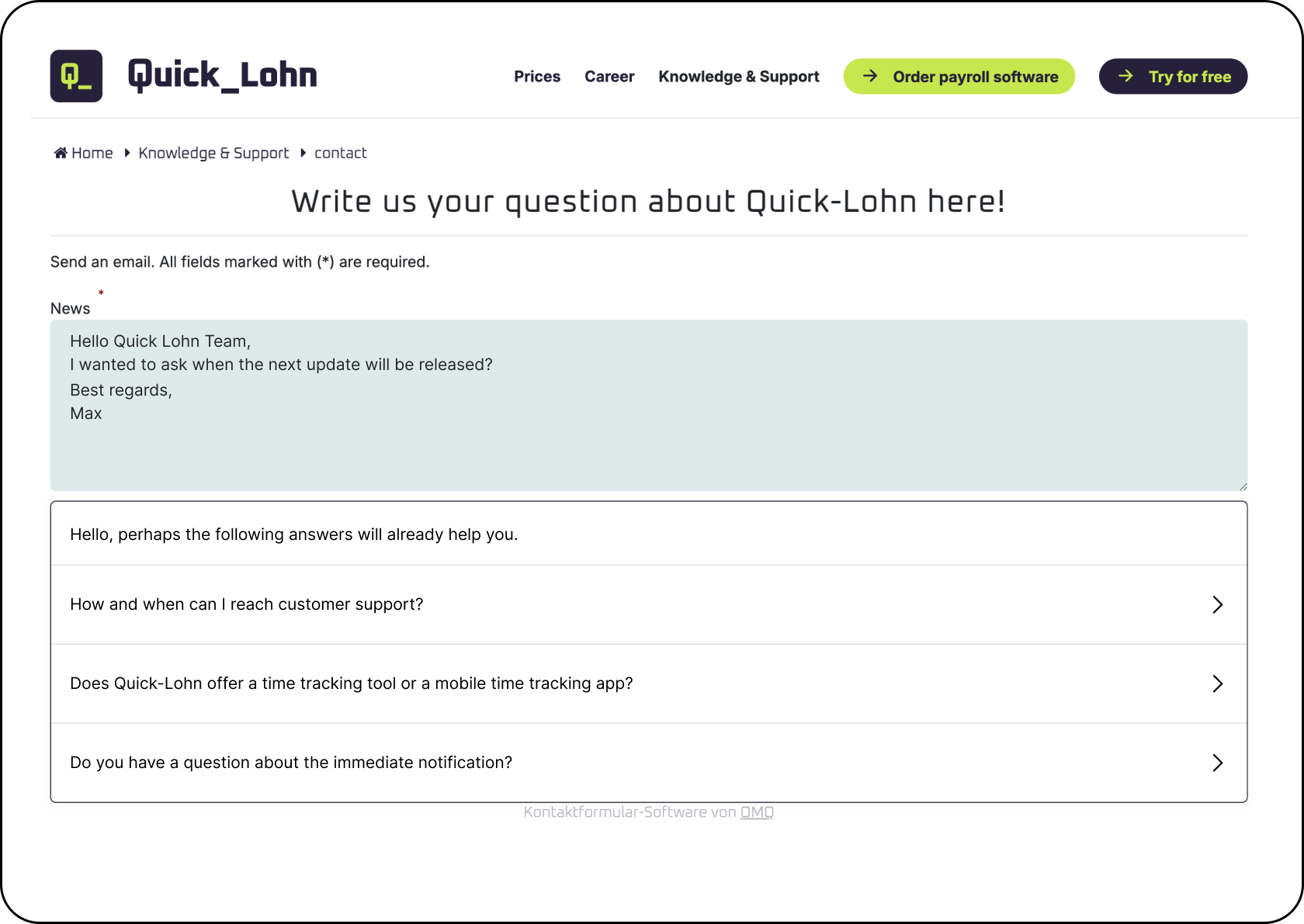 OMQ Contact in use at Quicklohn
