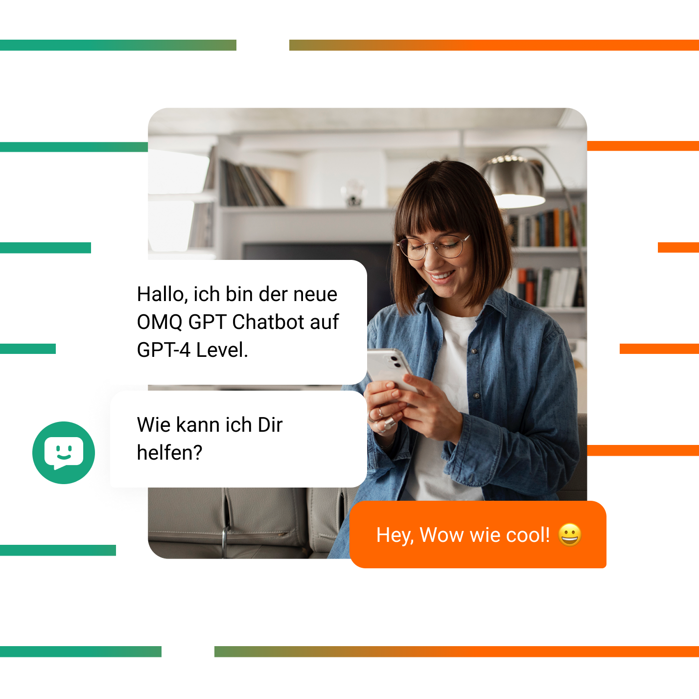 Frau mit Smartphone, die mit OMQ`s Chatbot schreibt