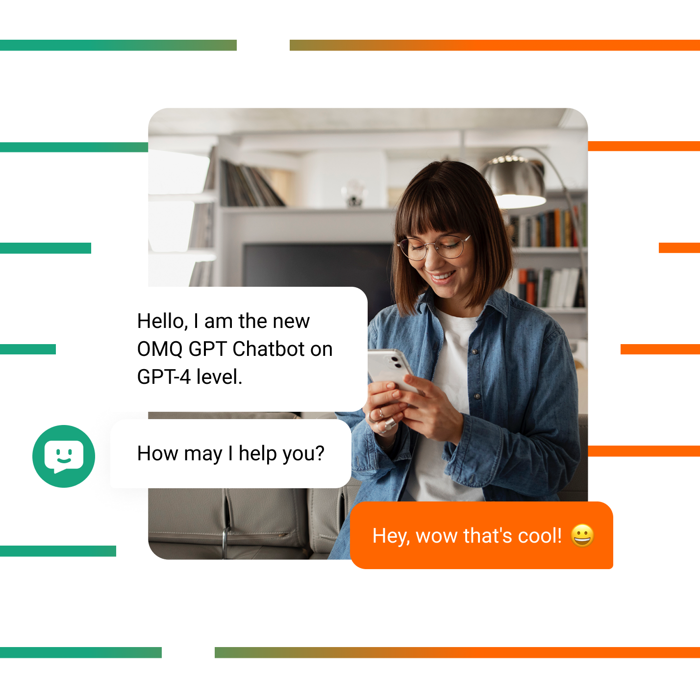 Women with a smartphone chatting with OMQ's chatbot