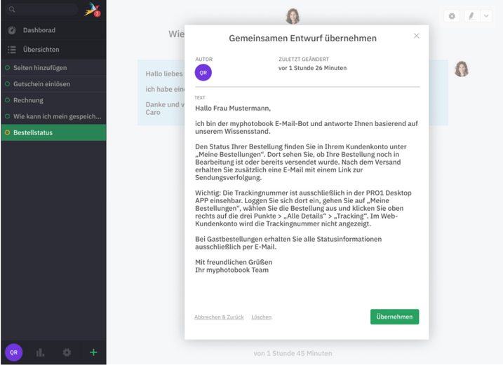 Beispielchat OMQ Reply Entwurf-Modus