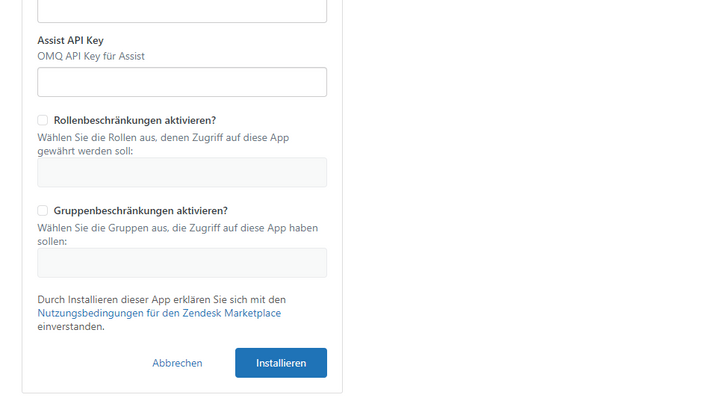 OMQ Assits Installations Formlar: Rollen- und Gruppenbeschänkungen einstellen