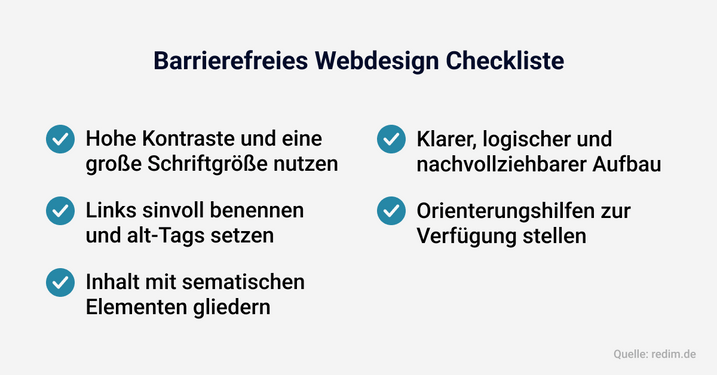 Checkliste für eine barrierefreie Website: Hohe Kontraste, große Schriftgröße, Links sinnvoll benennen und ALT-Tags setzen, Inhalt mit semantischen Elementen gliedern, klarer, logischer und nachvollziehbarer Aufbau, Orientierungshilfen zur Verfügung stellen