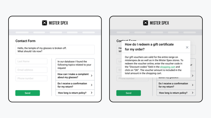 Intelligent contact form from Mister Spex is shown. Various customer queries are solved directly in the contact form.