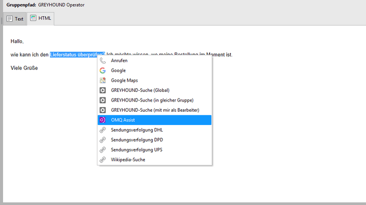 Analyzing selected text excerpt with OMQ Assist