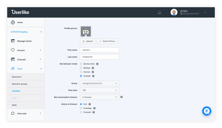 Edit Chatbot - furhter settings