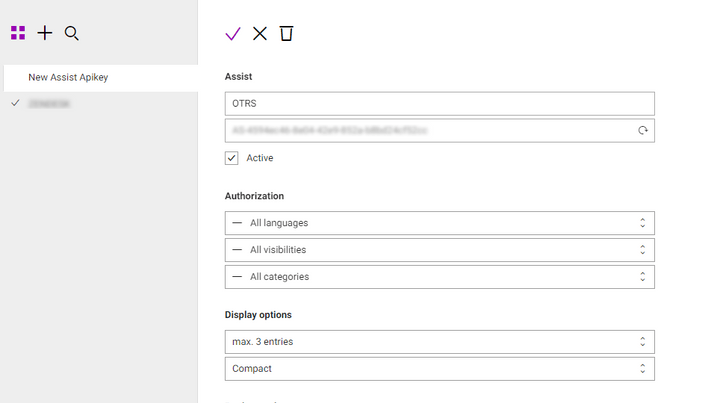 A new API key is generated in the OMQ knowledge database