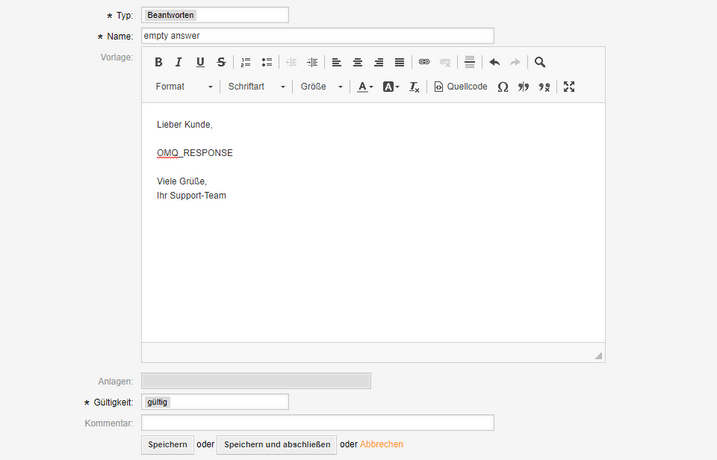 Leere Antwortvorlage in OTRS bearbeiten