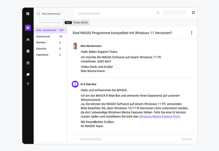 KI E-Mail-Bot beantwortet Anfragen automatisch, Beispiel MAGIX