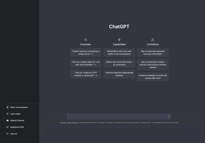 ChatGPT start page from OpenAI