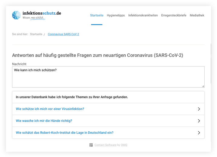 OMQ Contact Screenshot Demo auf infektionsschutz.de
