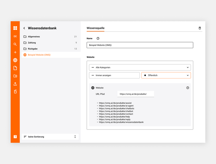 Neue Webseiten-Wissensquelle angelegt Neue Webseiten-Wissensquelle angelegt