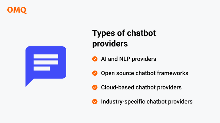 List of kinds of chatbot providers like AI and NLP, open source frameworks, cloud-based providers or industry specific providers