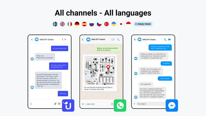 The OMQ GPT chatbot works on different chat channels and languages.